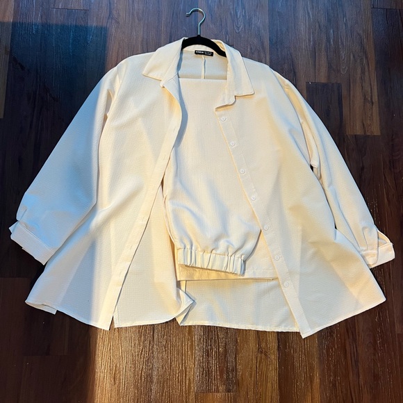 SHEIN set drop shoulder high waisted camel beige pants apricot white - Picture 2 of 2